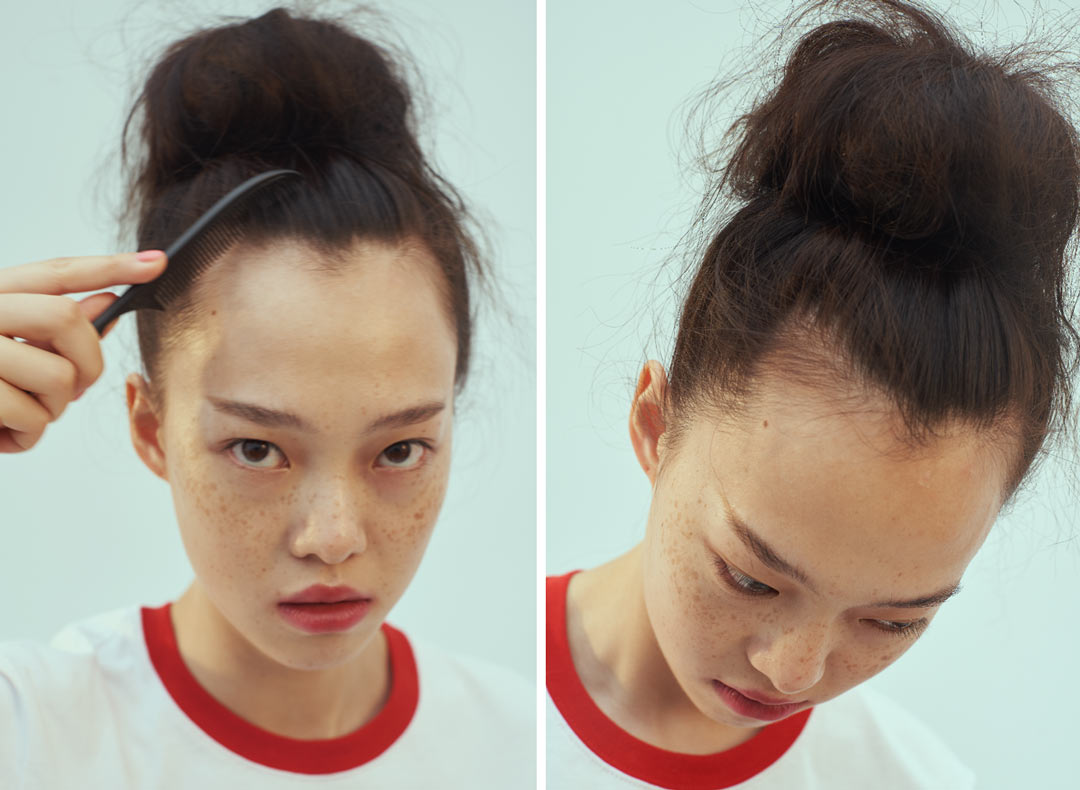 虎头印花t恤 ed hardy x 技术要领:倒梳和打毛 依然还是先绑起马尾.